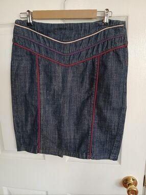 silence + noise Dark Denim Pencil Skirt with Pink, Purple and Red Piping Preppy